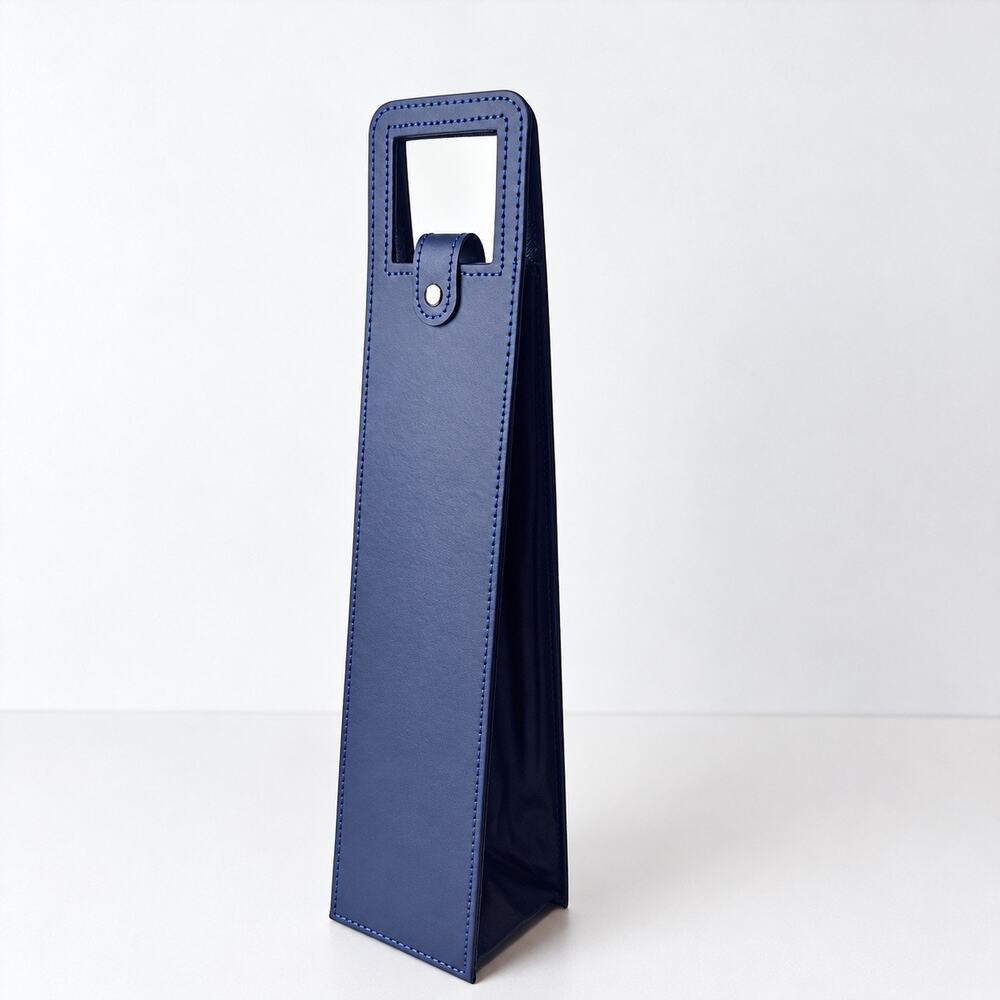 Blue Faux Leather Single Bottle Tote Carrier Gift Bag Snap Closure